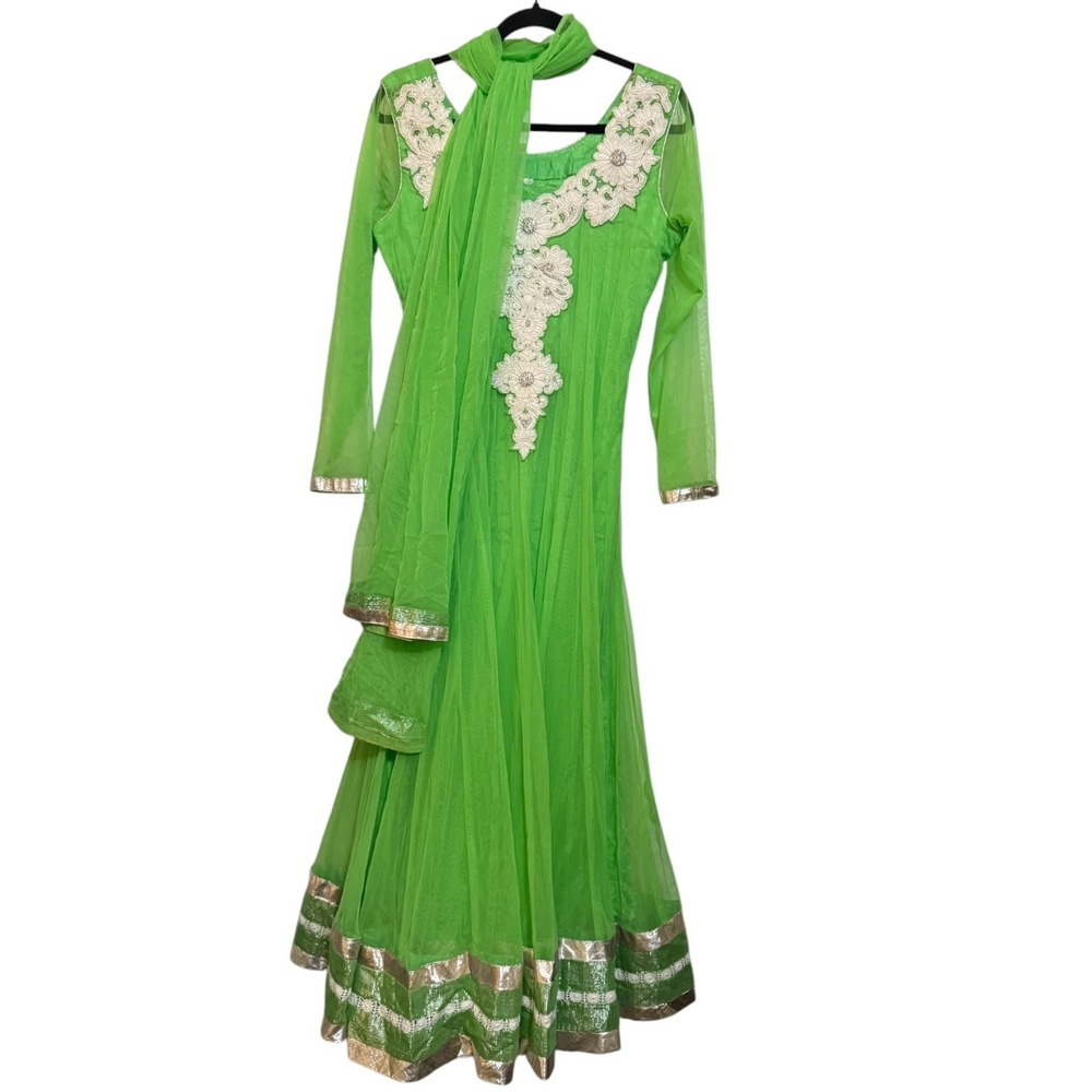 Green Embroidered Anarkali Dress with Dupatta Scarf XL Floral Rhinestone Indian